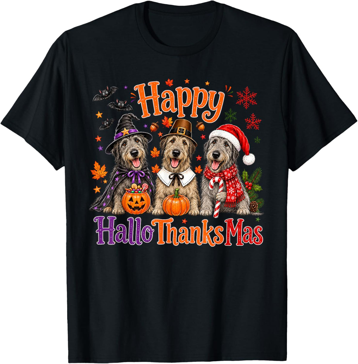 Irish Wolfhound Happy Hallothanksmas Halloween Thanksgiving T-Shirt - Black