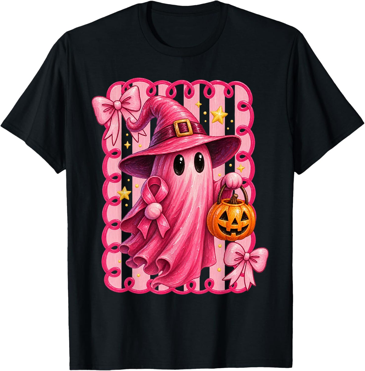 Cute Pink Ghost Breast Cancer Awareness Witch Hat Pumpkin T-Shirt - Black
