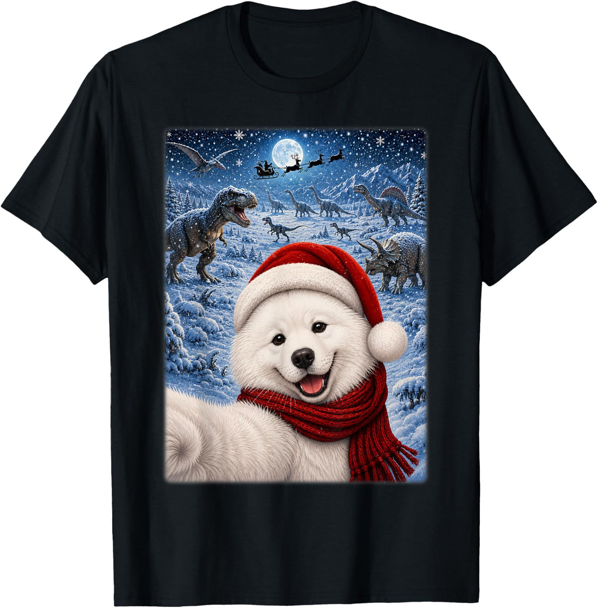 Samoyed Dog Christmas Moon Night Starry Dinosaurs Xmas T-Shirt - Black