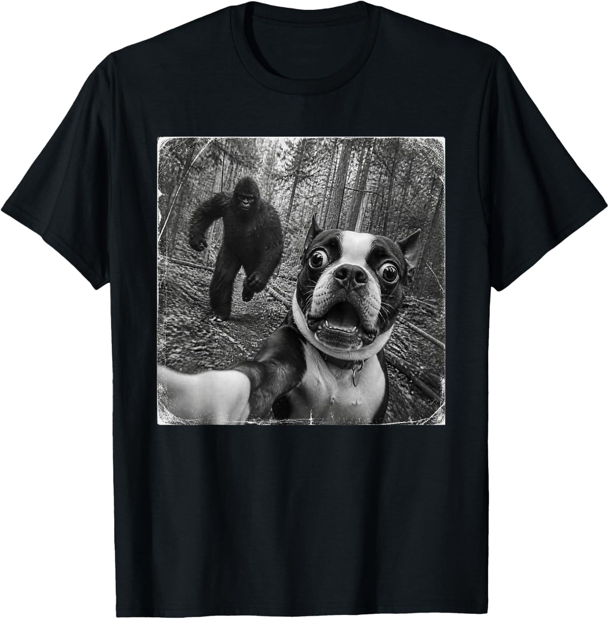 Funny Bigfoot Boston Terrier T-Shirt - Black