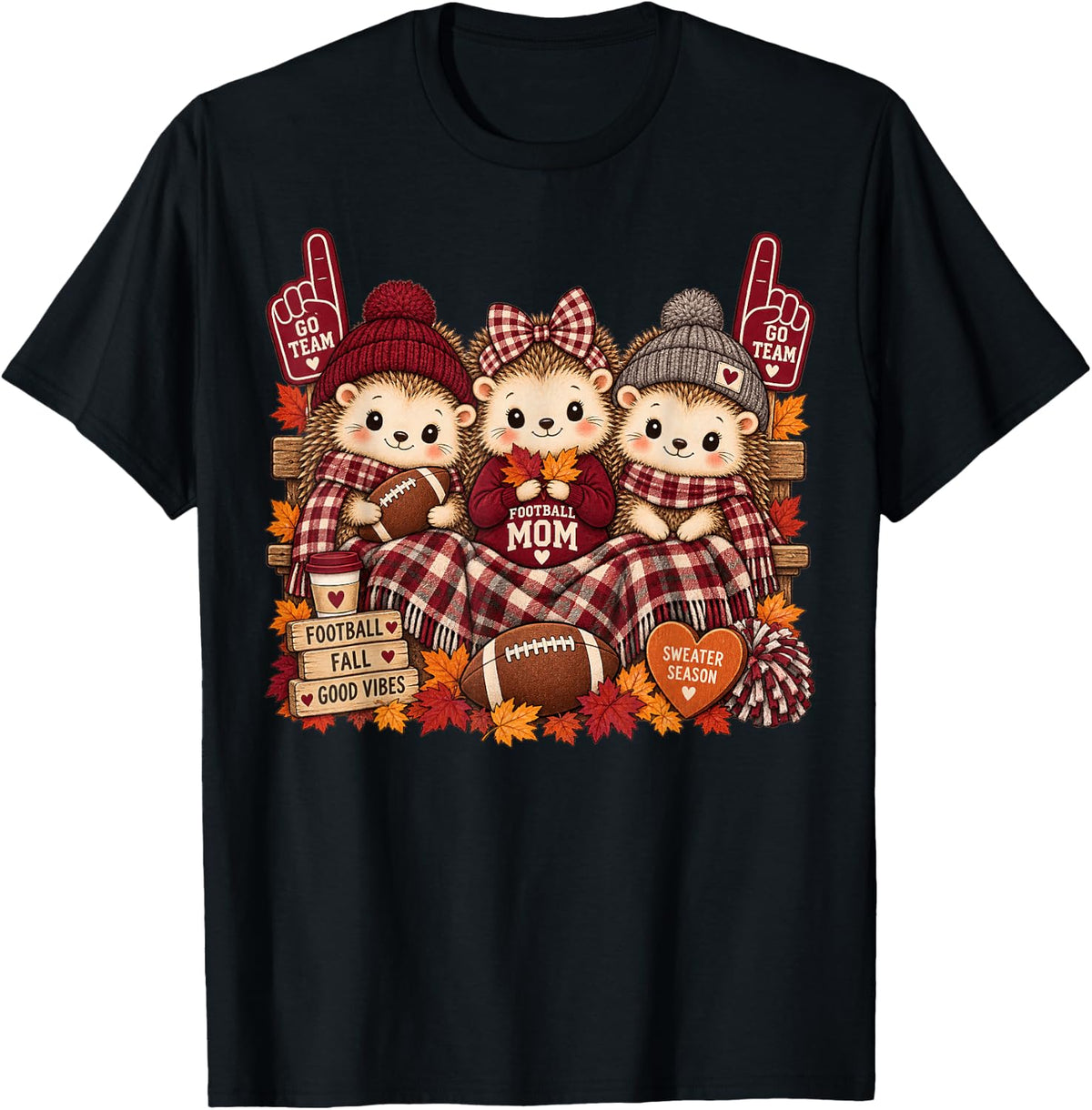 Football Mom Squad Hedgehog Fall Autumn Thanksgiving Game T-Shirt - Black