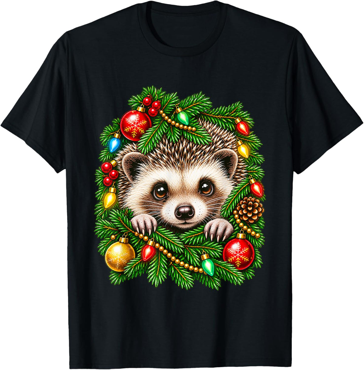 Cute Hedgehog Peeking with Christmas Lights Festive Animal T-Shirt - Black