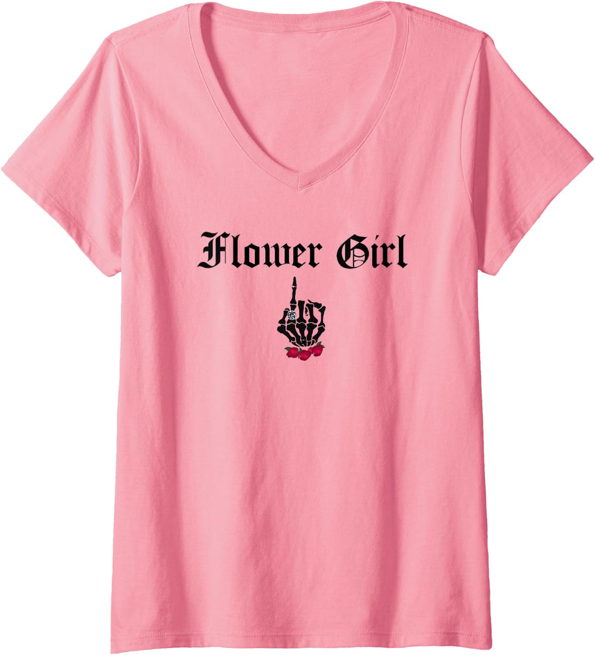 Women's Flower Girl Skull Roses Gothic Goth Bride Wedding V-Neck T-Shirt - Pink