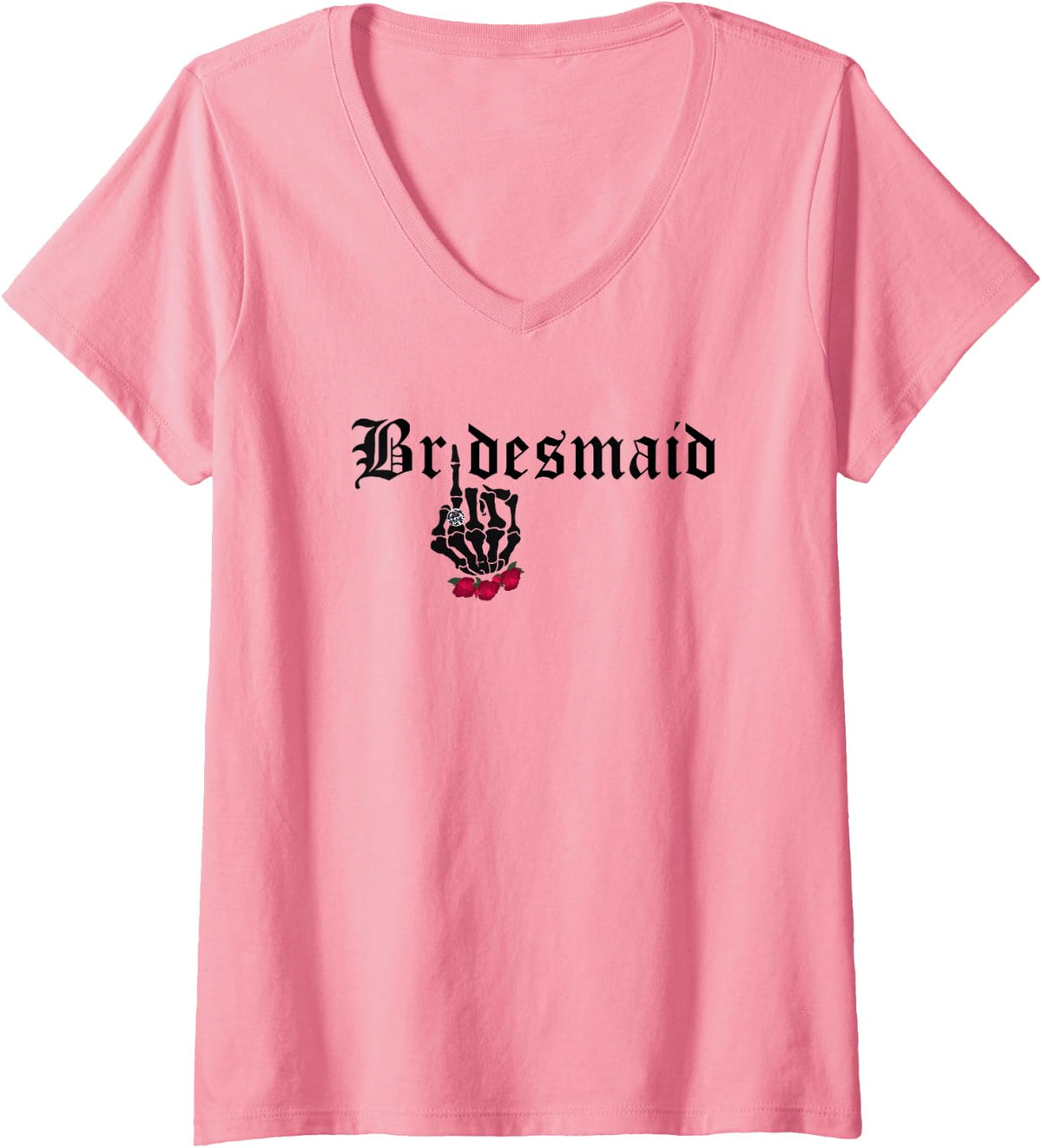 Women's Bridesmaid Skull Roses Gothic Goth Bride Wedding V-Neck T-Shirt - Pink