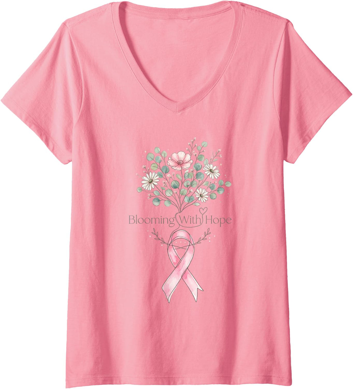Women's Breast Cancer Pink Awareness Ribbon Flowers Blooming Hope V-Neck T-Shirt - Pink