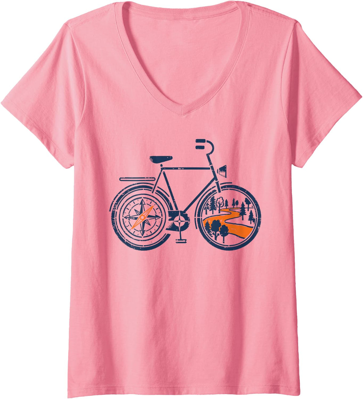 Women's Bicycle Compass Wheels Trees Bike Cycling Men Women Kids V-Neck T-Shirt - Pink
