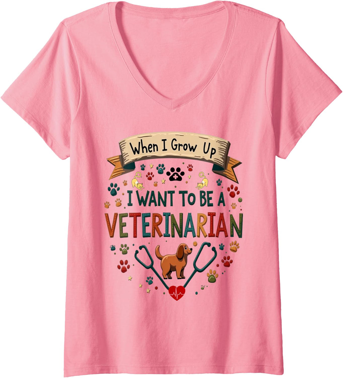 Women's When I Grow Up I Want to Be A Veterinarian Kid's Child Tee V-Neck T-Shirt - Pink