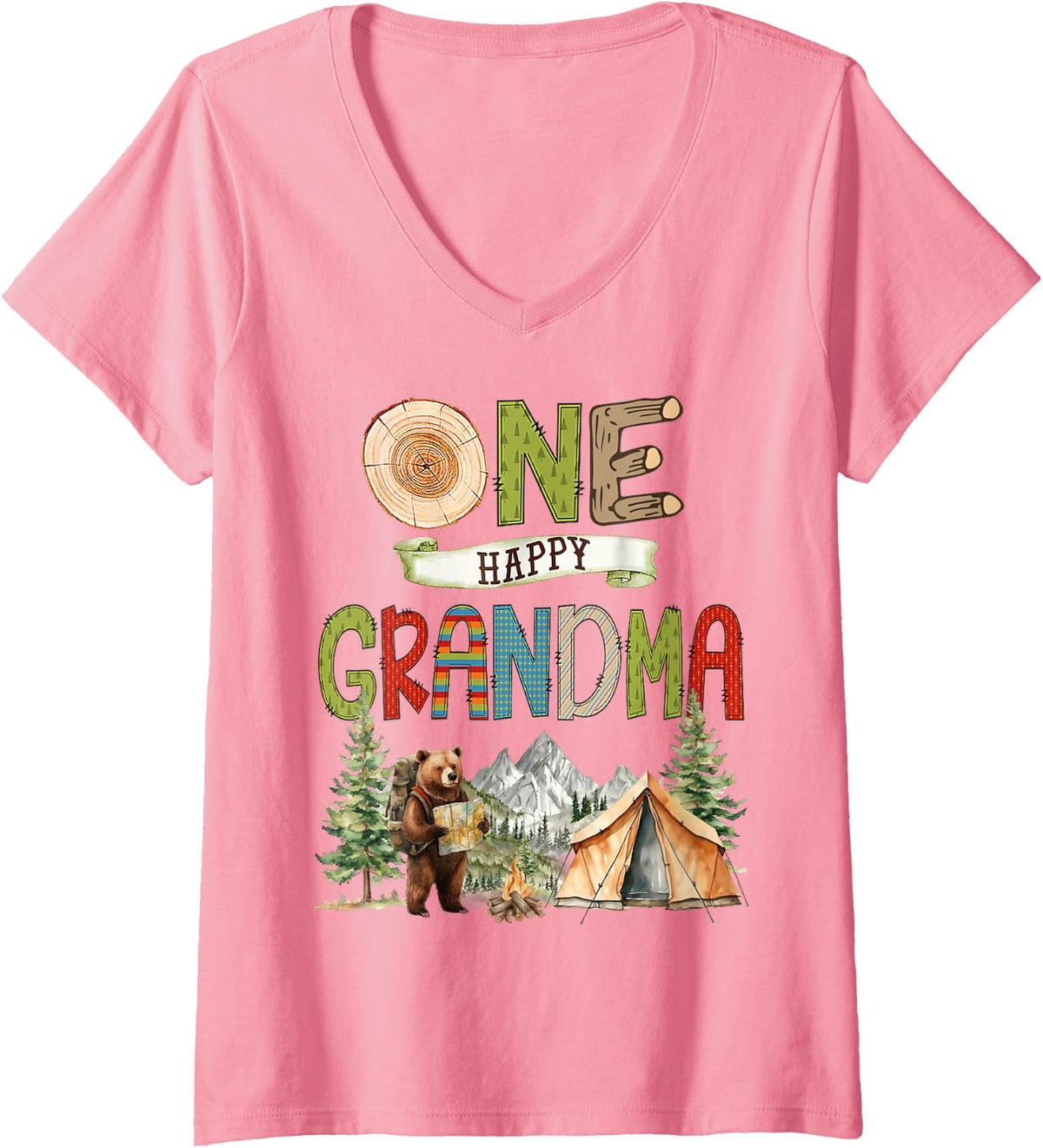 Women's One Happy Grandma Camper 1St Birthday Camping V-Neck T-Shirt - Pink