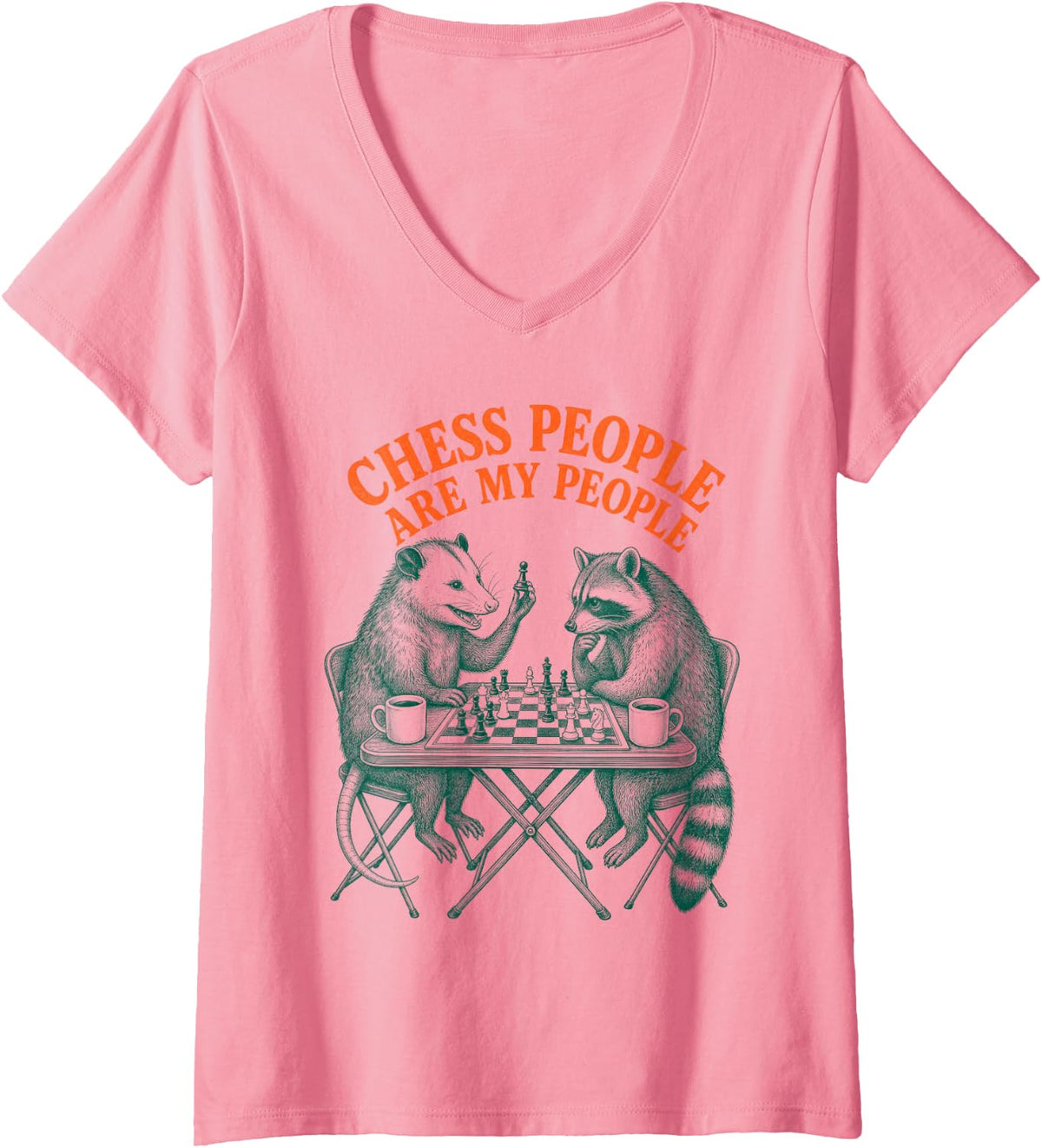 Women's Chess People My People Raccoon Chess Player Retro V-Neck T-Shirt - Pink