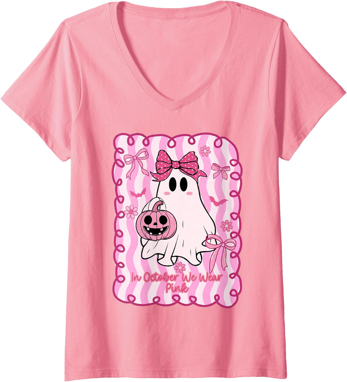 Women's in October We Wear Pink Ribbon Ghost Breast Cancer Halloween V-Neck T-Shirt - Pink