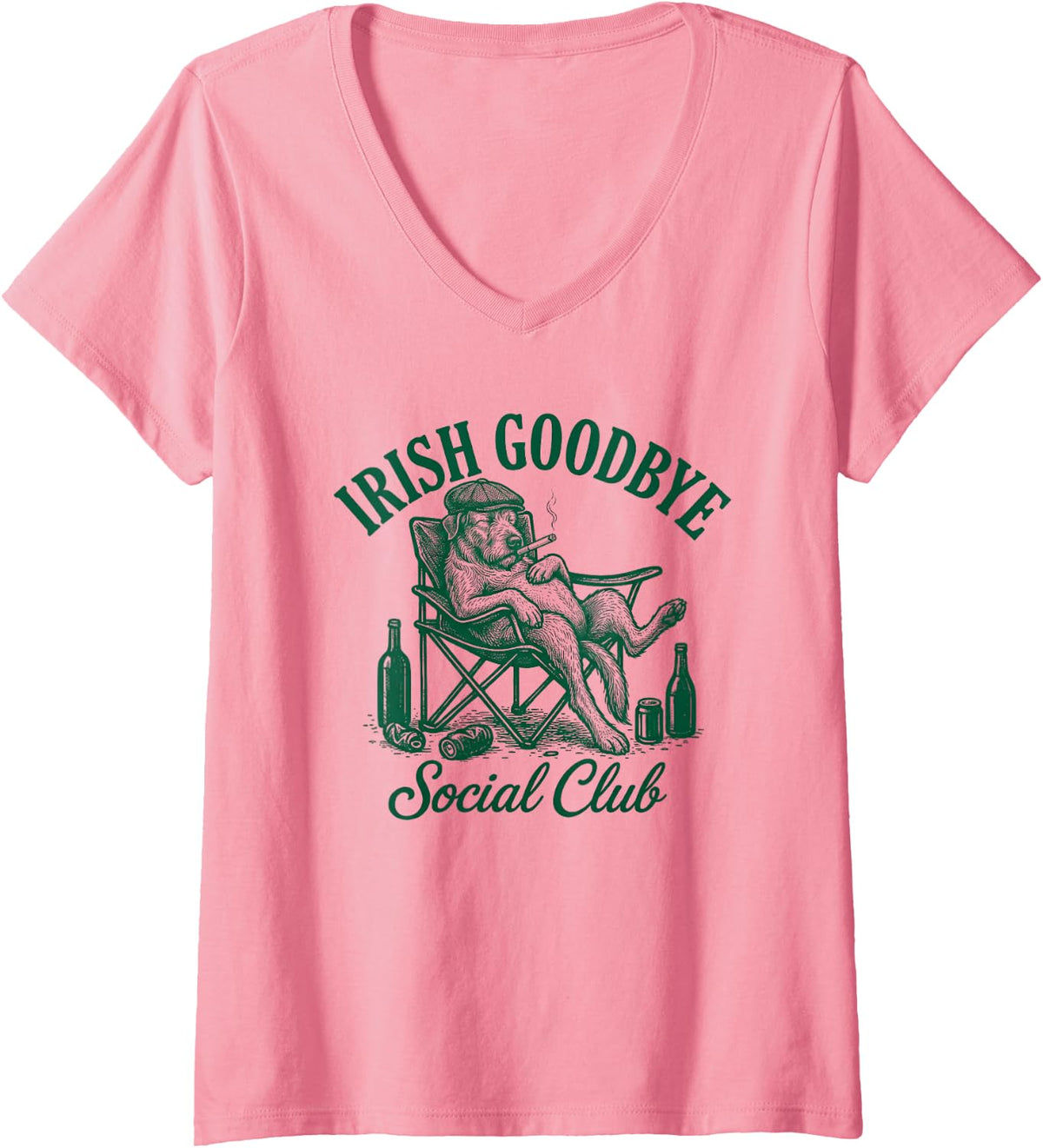 Women's Irish Goodbye Social Club Drinking Wolfhound Dog V-Neck T-Shirt - Pink