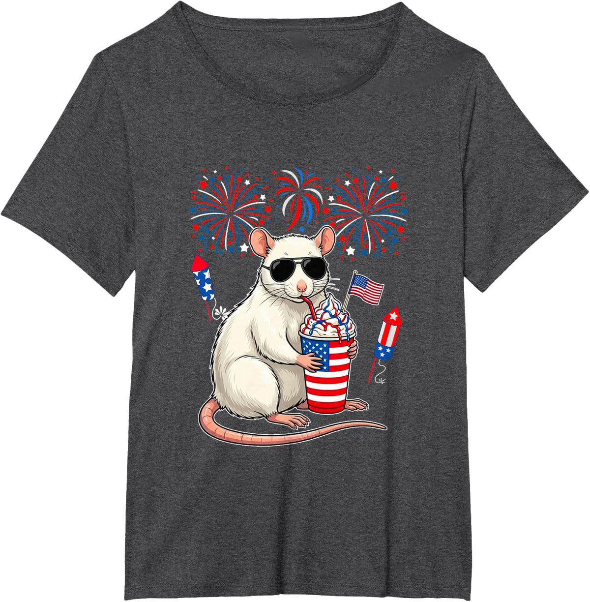 Rat Sunglasses Coffeee 4th of July US Flag Fireworks T-Shirt - Dark Heather Grey