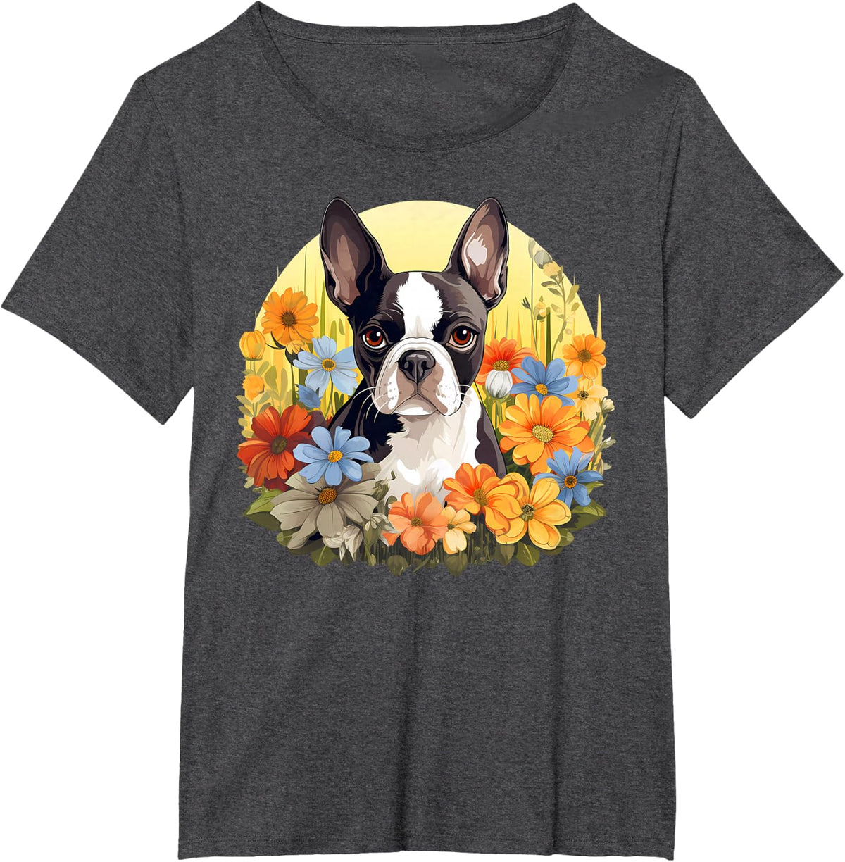 Cute Boston Terrier Spring Flower Garden Colorful Puppy Dog Tees T Shirts - Dark Heather Grey
