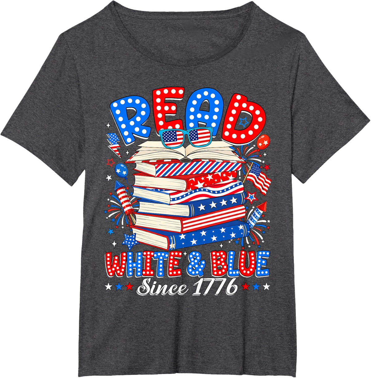 Red White and Blue USA Patriotic Read 4th of July Bookish T-Shirt - Dark Heather Grey