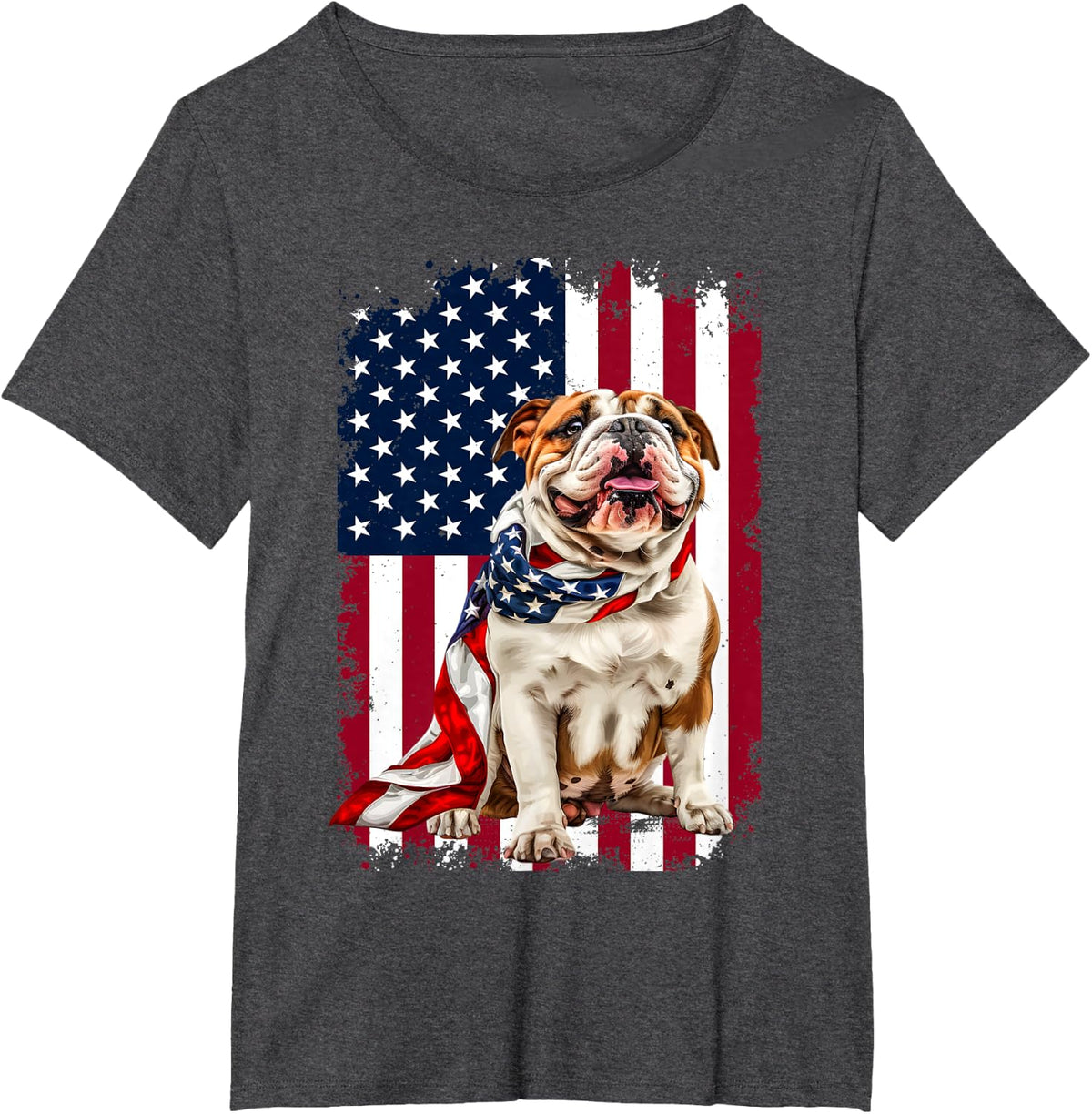 English Bulldog American Flag 4th Of July Bulldog Lovers T-Shirt - Dark Heather Grey