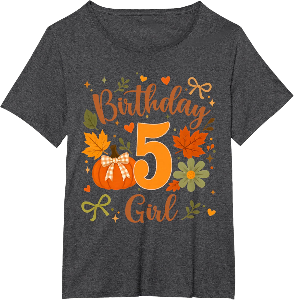 Cute 5th Birthday Girl 5 Year Old Pumpkin Bow Autumn Party T-Shirt - Dark Heather Grey