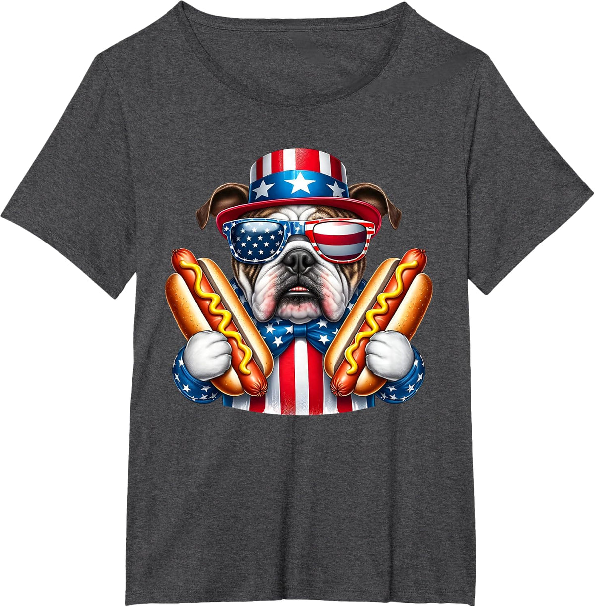 English Bulldog Dog 4th of July Hotdog USA Flag Patriotic T-Shirt - Dark Heather Grey