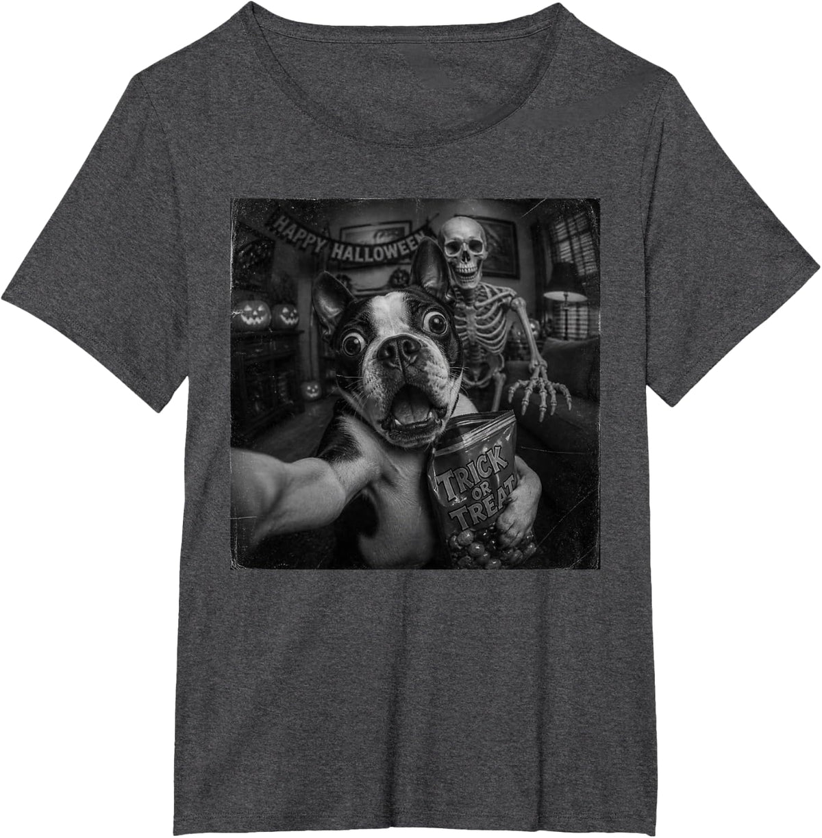 Funny Halloween Boston Terrier T-Shirt - Dark Heather Grey