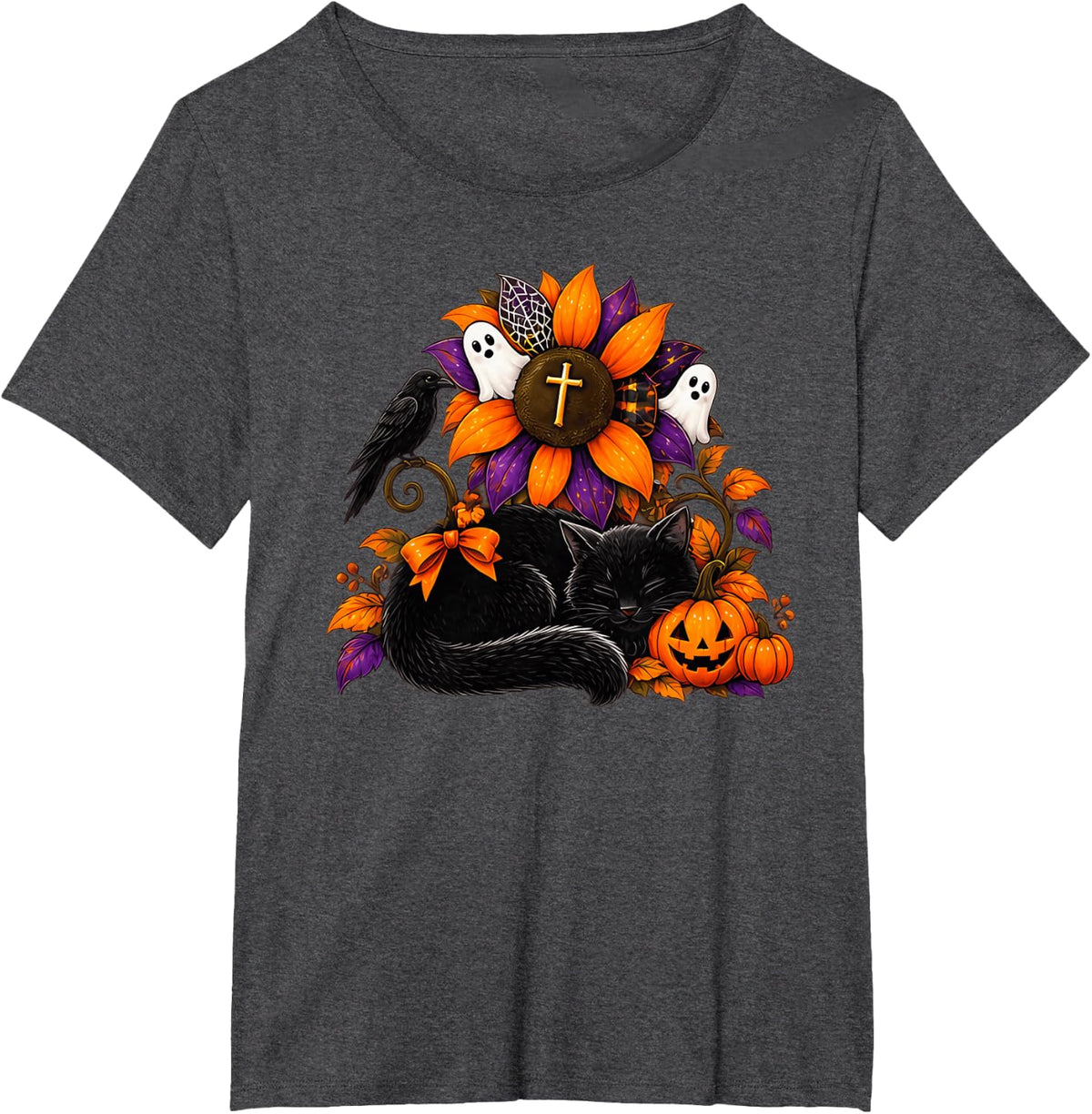 Sleeping Black Cat Raven Cross Halloween Floral Art T-Shirt - Dark Heather Grey