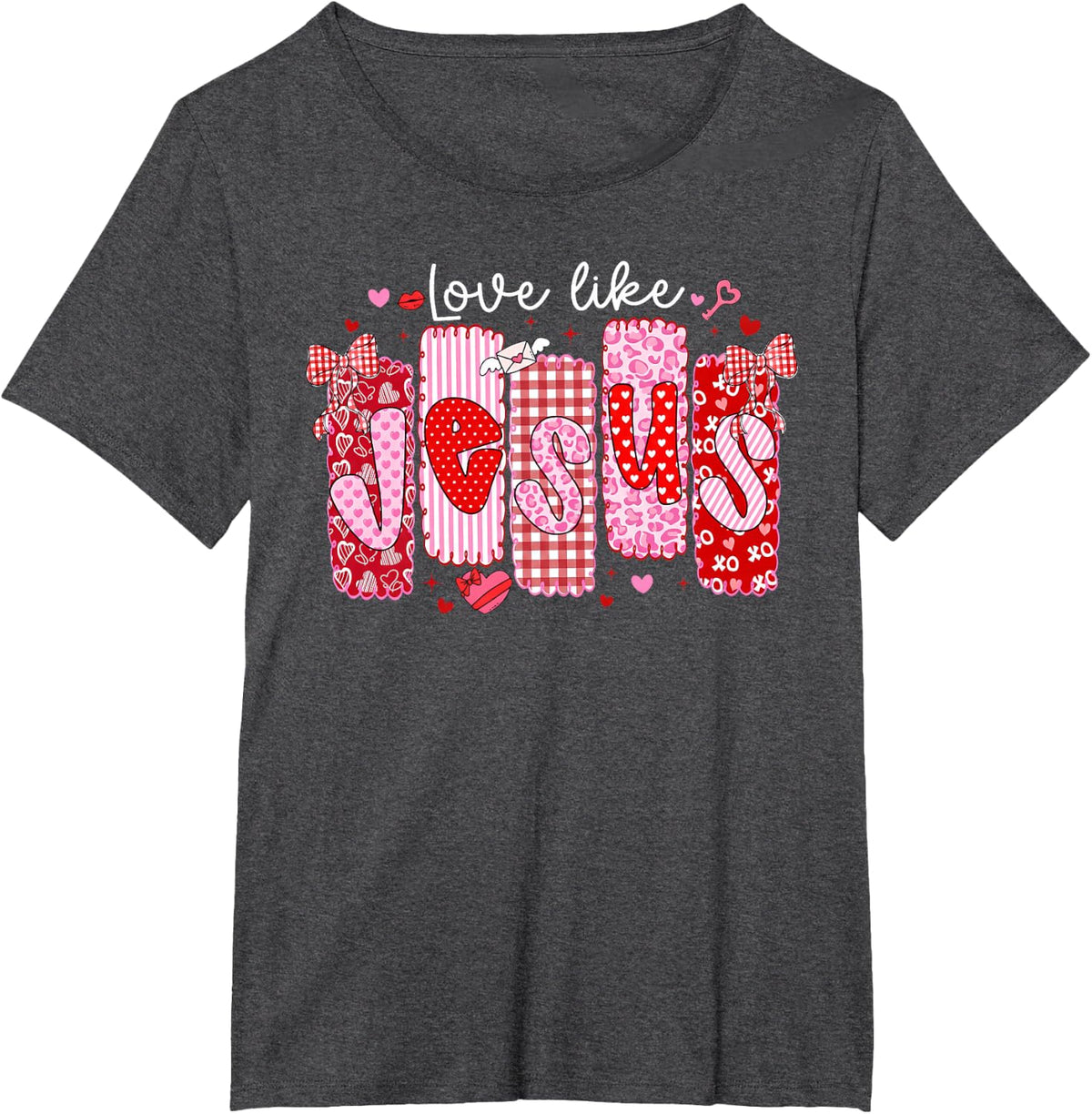 Valentine Preppy Love Like Jesus Bow Christian Girl Women T-Shirt - Dark Heather Grey