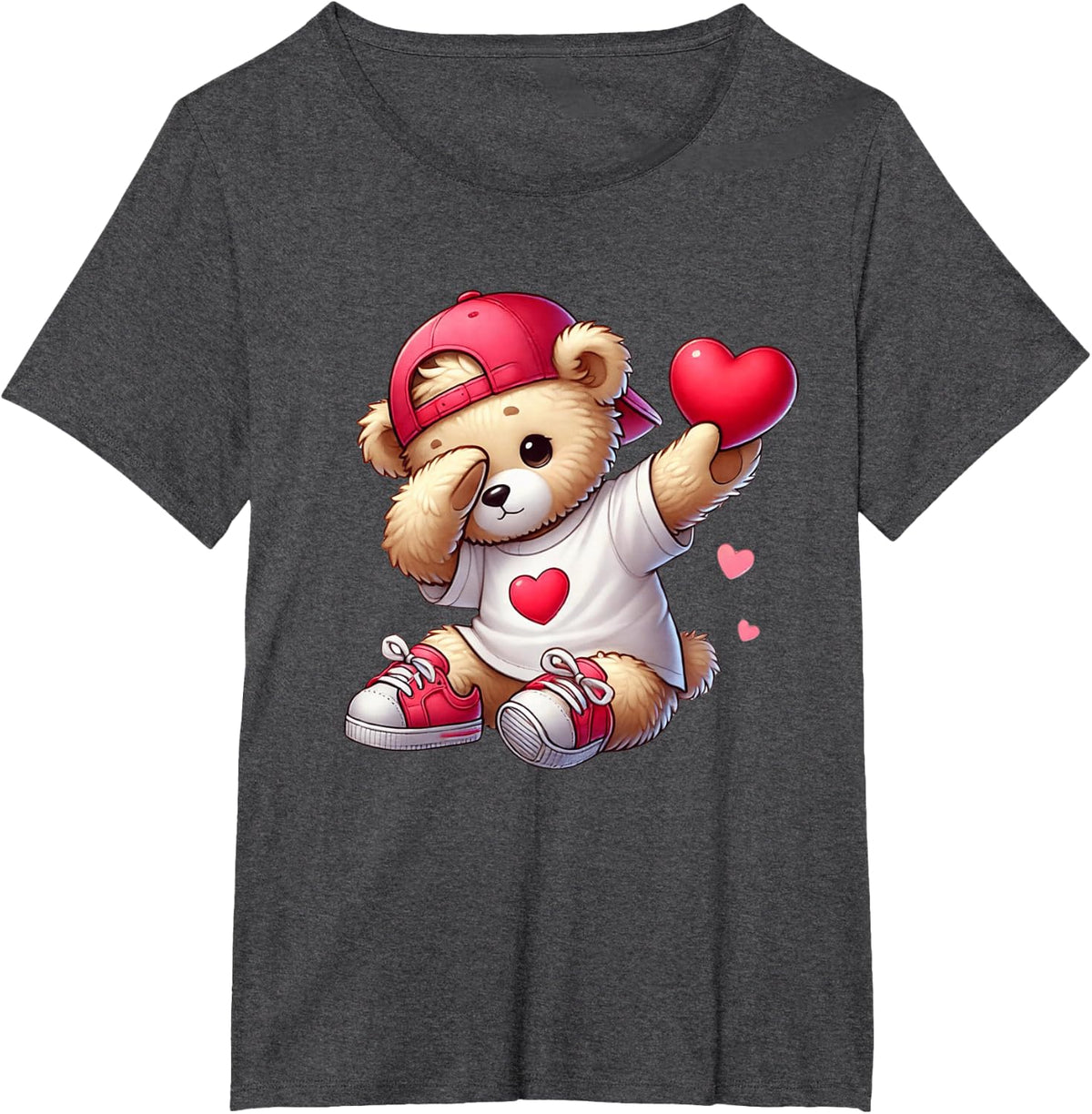 Cute Valentines Day Teddy Bear Heart Dabbing Boys Girls Kids T-Shirt - Dark Heather Grey