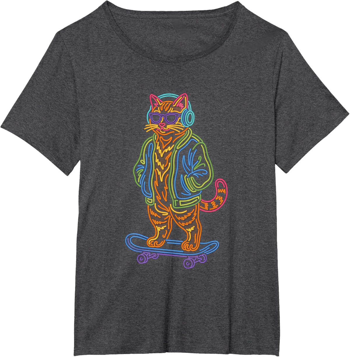 Cool Skateboarding Cat Orange Tabby Headphones Sunglasses T-Shirt - Dark Heather Grey