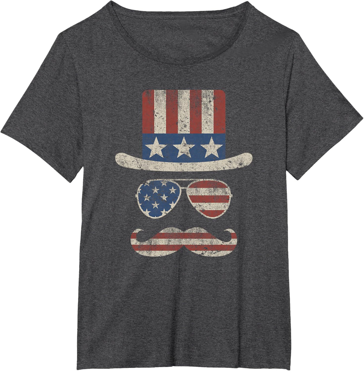 4th of July Hat Glasses Mustache Funny Uncle Sam Vintage USA T-Shirt - Dark Heather Grey