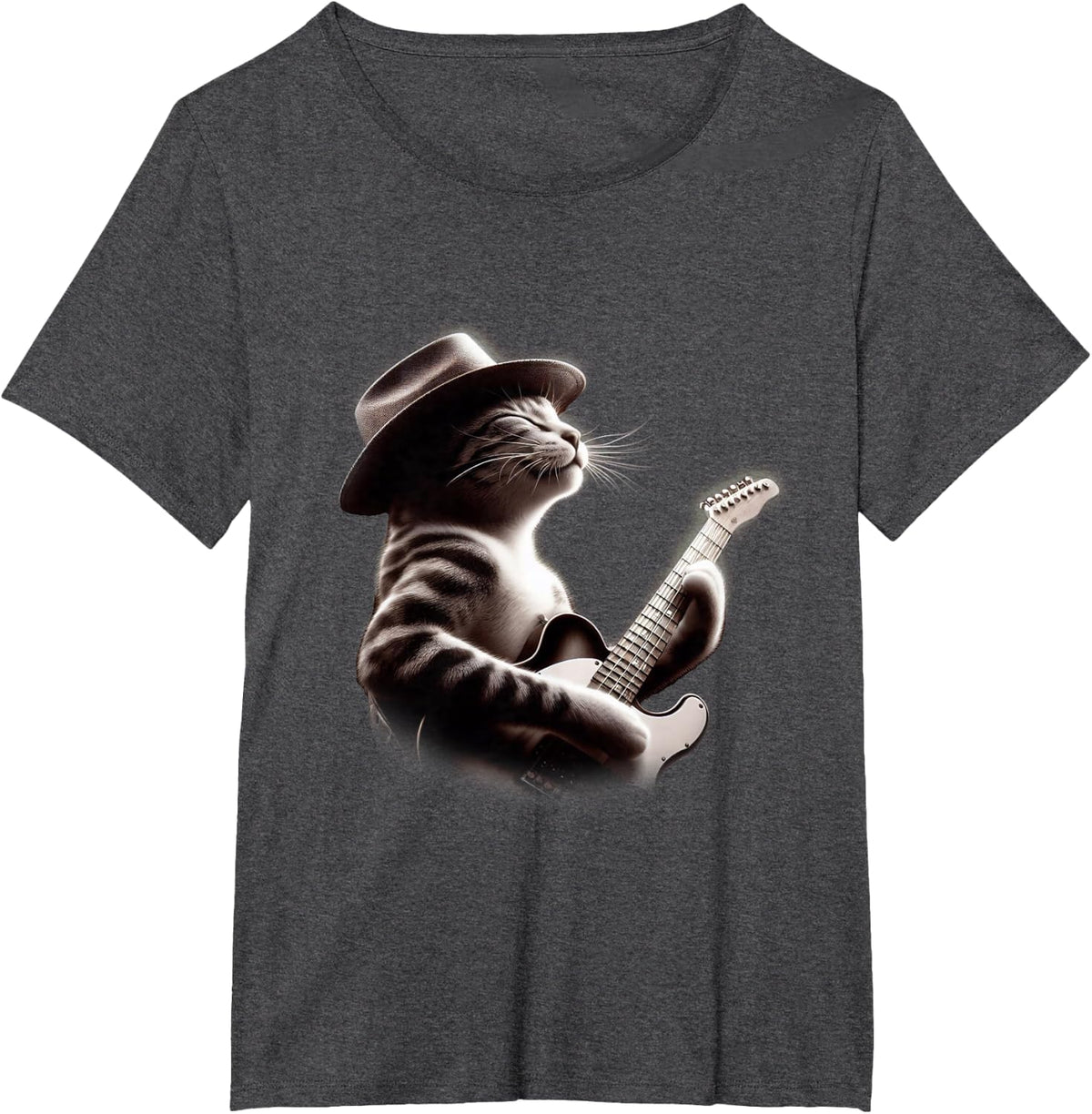 Cat Playing Guitar - Funny Rock Music Guitar Cat T-Shirt for Men Women Kids - Dark Heather Grey