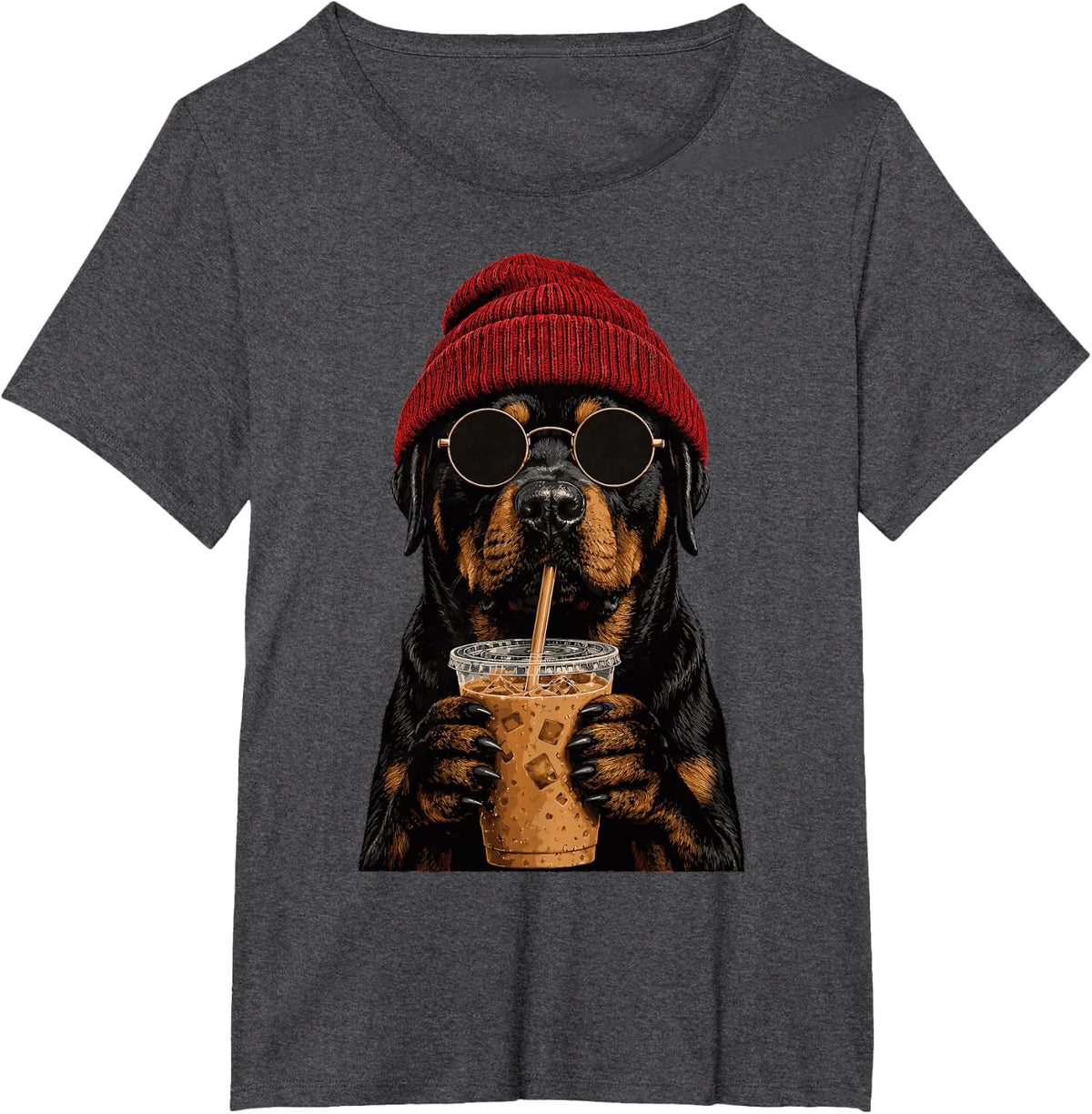 Rottweiler Dog Hipster Iced Coffee Funny Rottweiler T-Shirt - Dark Heather Grey