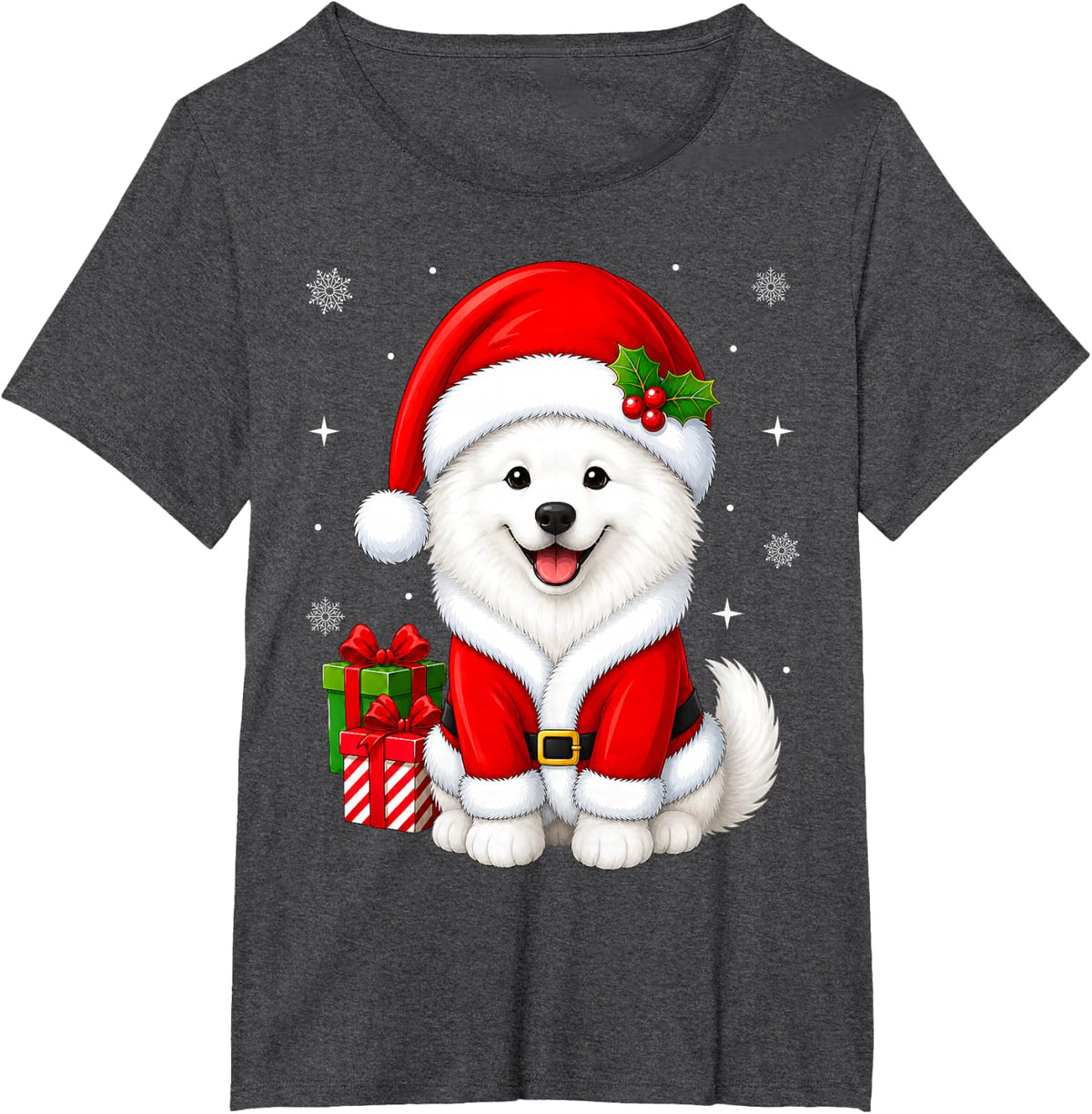 Samoyed Dog in Christmas Santa Costume Cute Festive Xmas T-Shirt - Dark Heather Grey
