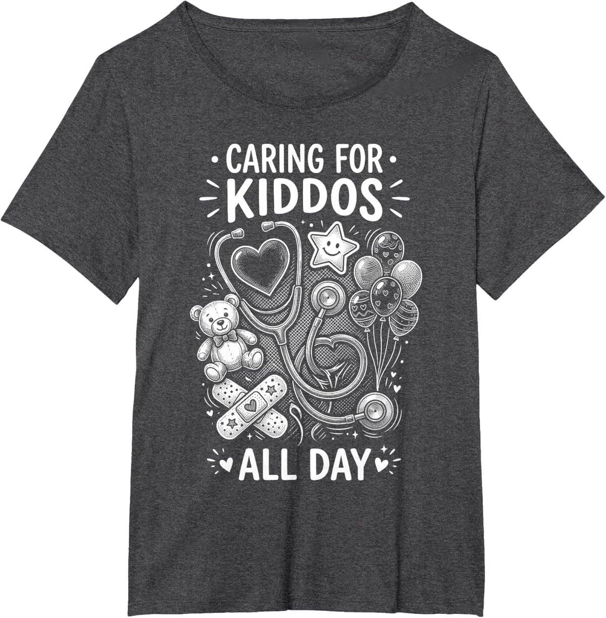 Caring for Kiddos All Day Pediatric Nurse Vintage T-Shirt - Dark Heather Grey