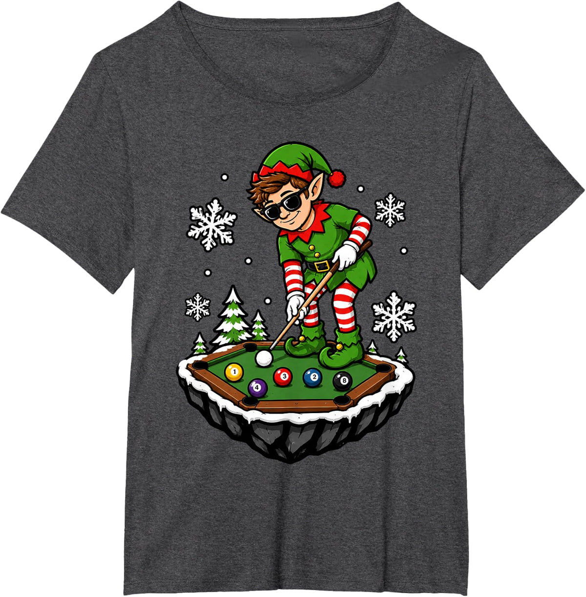 Billiards Player Xmas Funny Elf Playing Billiards Christmas T-Shirt - Dark Heather Grey