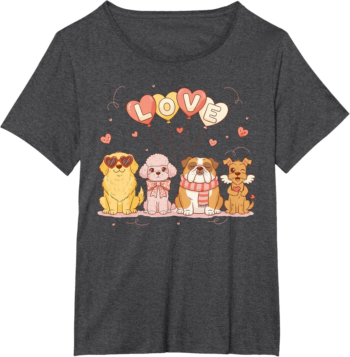 Cute Valentine Dogs Love Balloons Valentine's Day T-Shirt - Dark Heather Grey