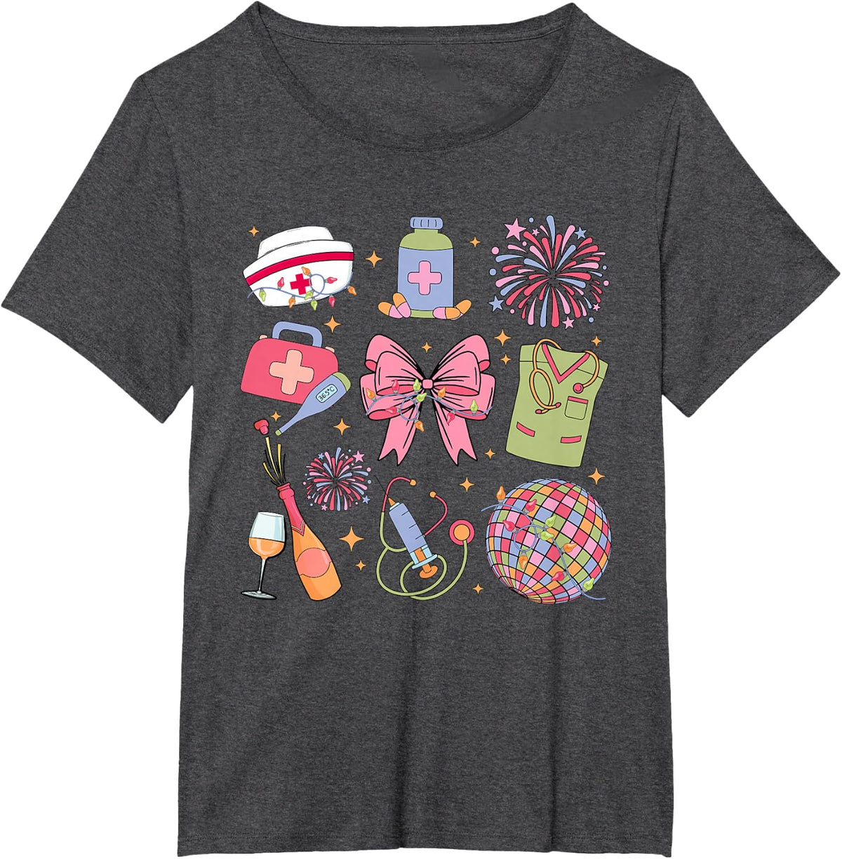 Groovy New year 2025 ER ICU Nurse Coquette Party T-Shirt - Dark Heather Grey