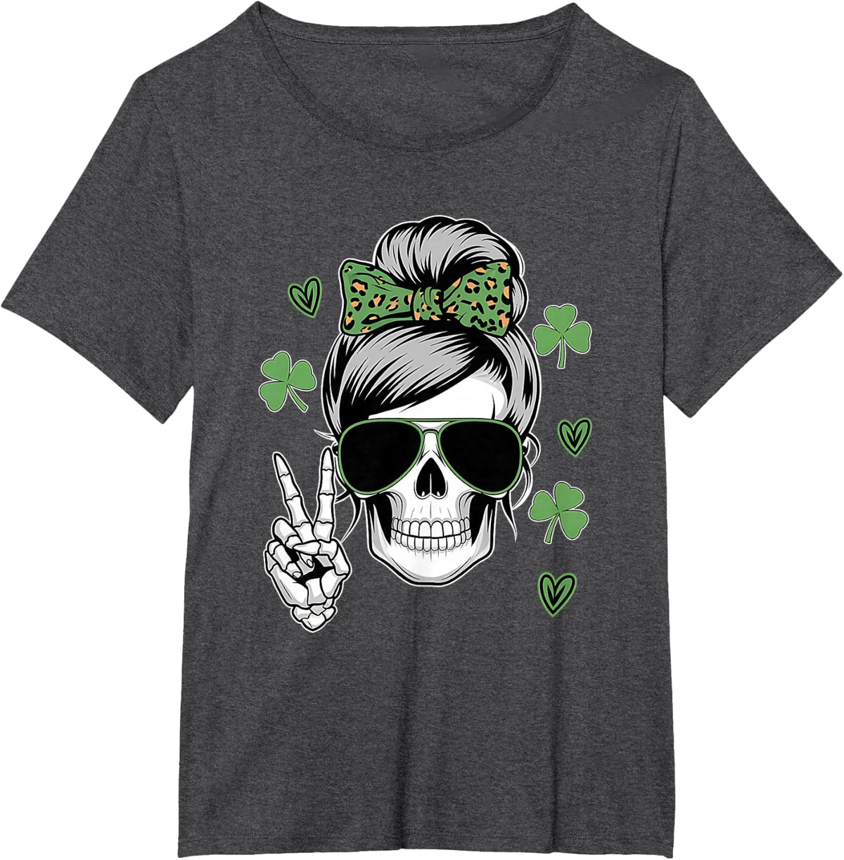 St Patricks Day Skull Messy Bun Saint Pattys Paddys Women T-Shirt - Dark Heather Grey