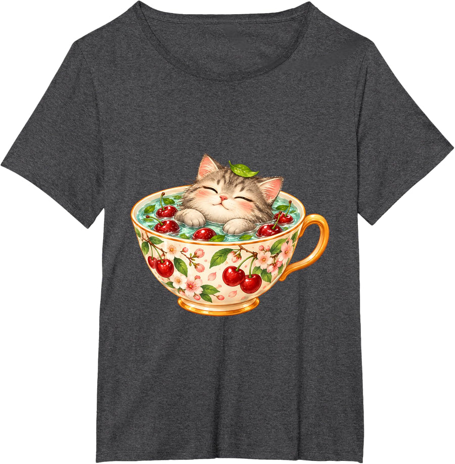 Sleepy Tabby Cat Tea Bath in Cherry Teacup Cute Animal T-Shirt - Dark Heather Grey