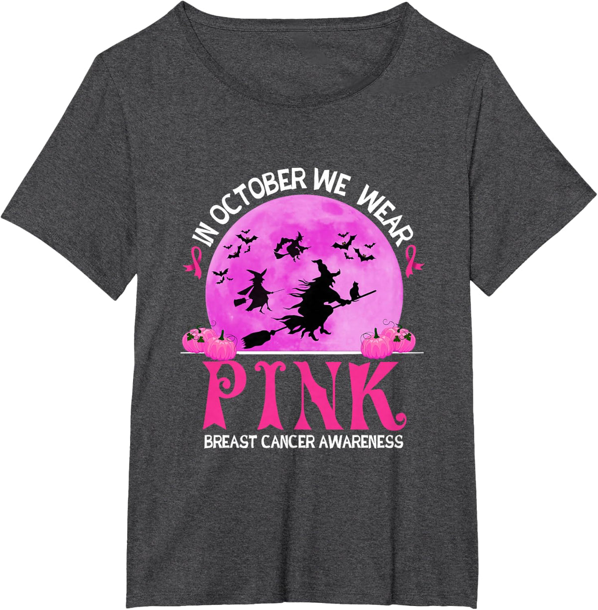 in October We Wear Pink Breast Cancer Awareness Witch T-Shirt - Dark Heather Grey