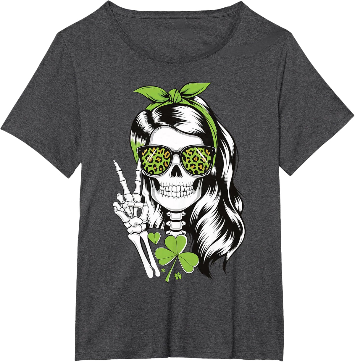 Woman Skull St. Patricks Day Messy Bun T-Shirt - Dark Heather Grey