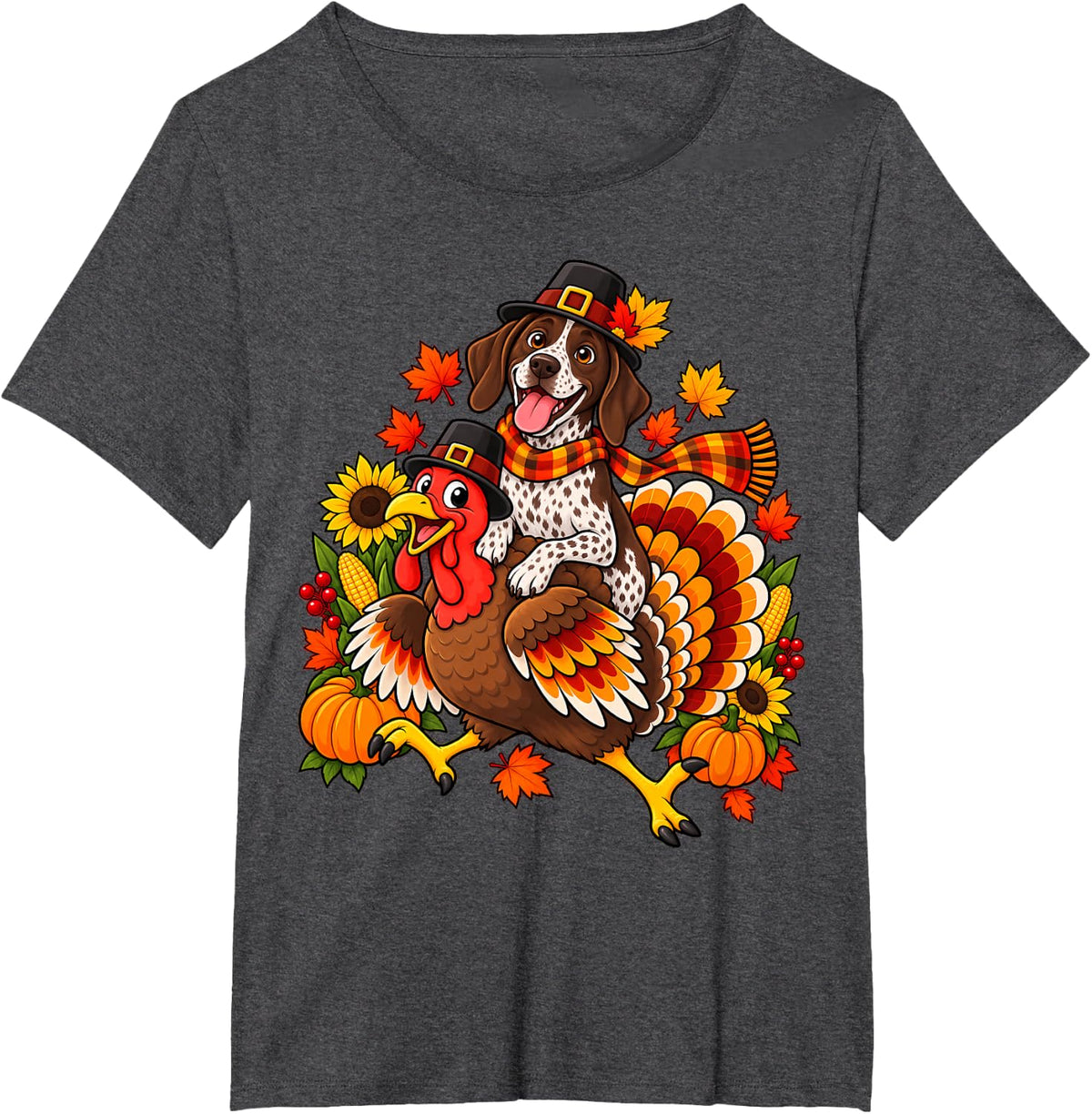 Cute Pilgrim German Shorthaired Pointer Dog Riding Turkey T-Shirt - Dark Heather Grey