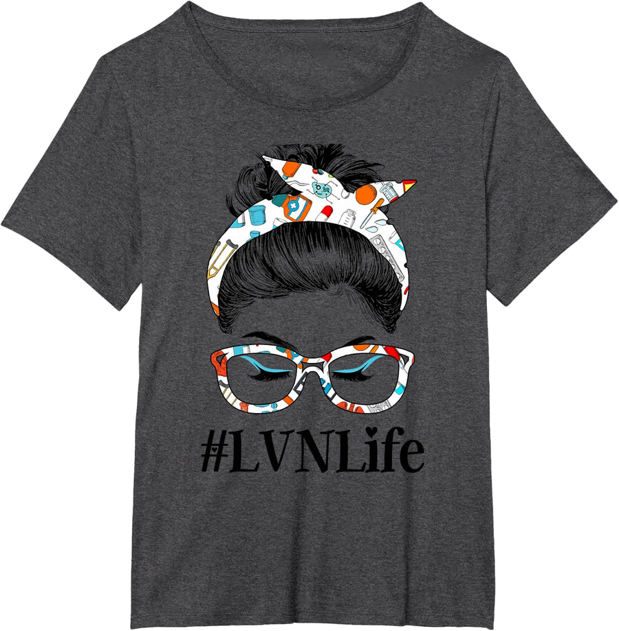 LVN Life Messy Hair Woman Bun Healthcare worker T-Shirt - Dark Heather Grey