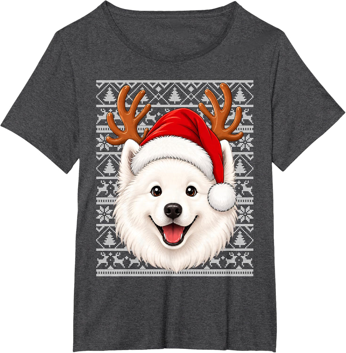 Samoyed Dog Christmas Santa Hat Ugly Sweaters Samoyed Xmas T-Shirt - Dark Heather Grey