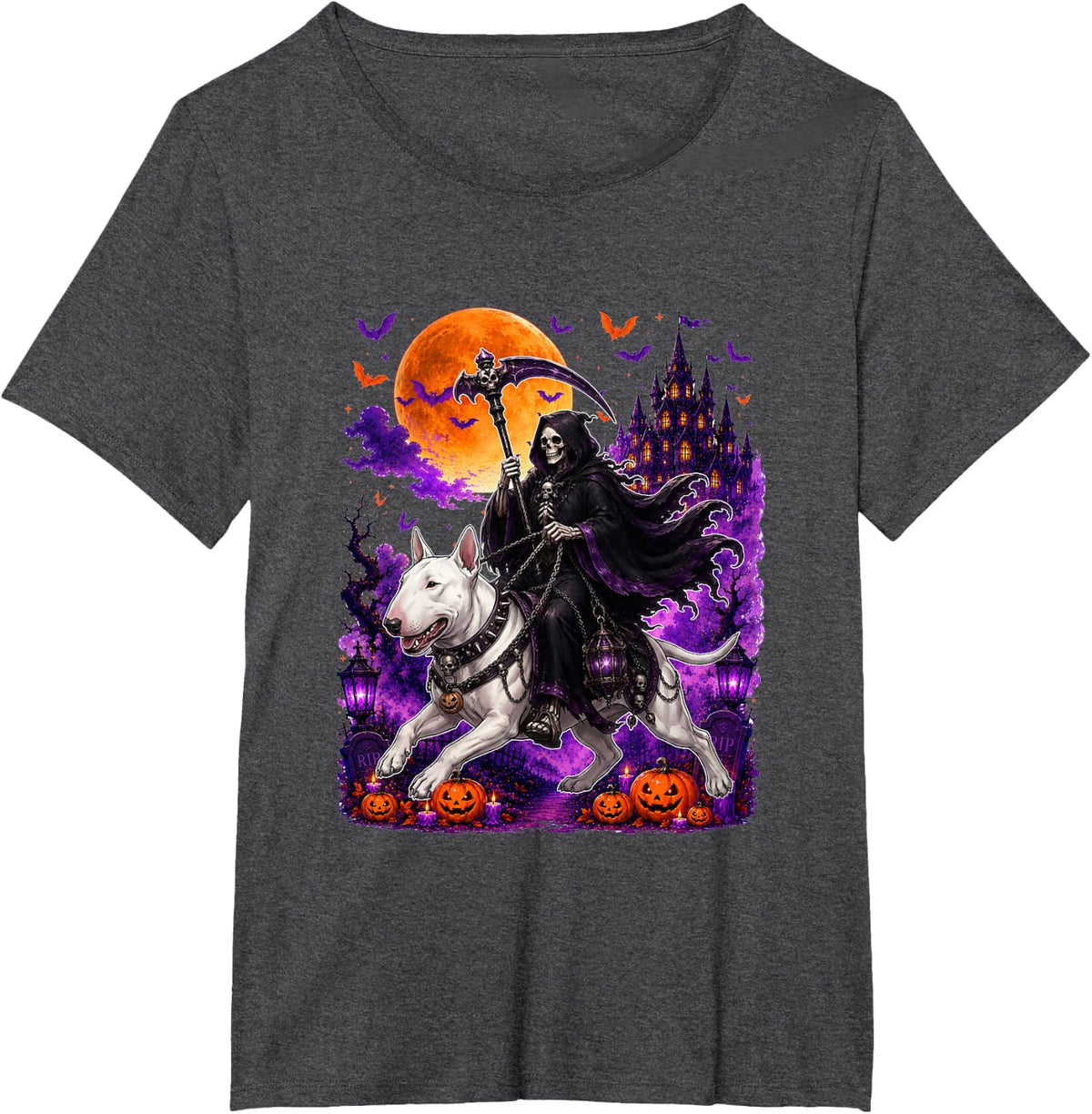 Horror Skeleton Ridding Bull Terrier Halloween Costume Owner T-Shirt - Dark Heather Grey