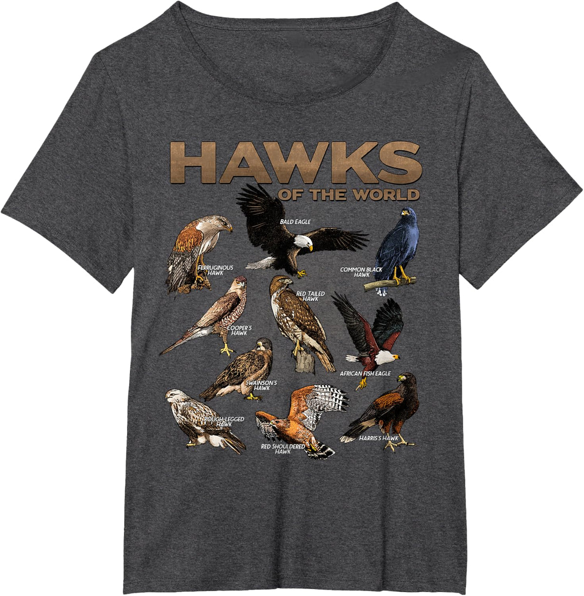 Hawks Animals of the World Educational Birds of Prey T-Shirt Tee for Birder and Birdwatching Fans - Dark Heather Grey