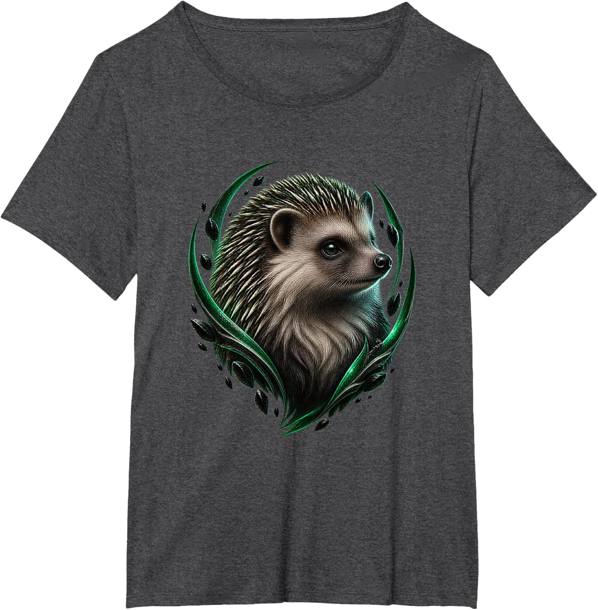 Hedgehog with Emerald Cathedral Arcs Woodland Art T-Shirt - Dark Heather Grey