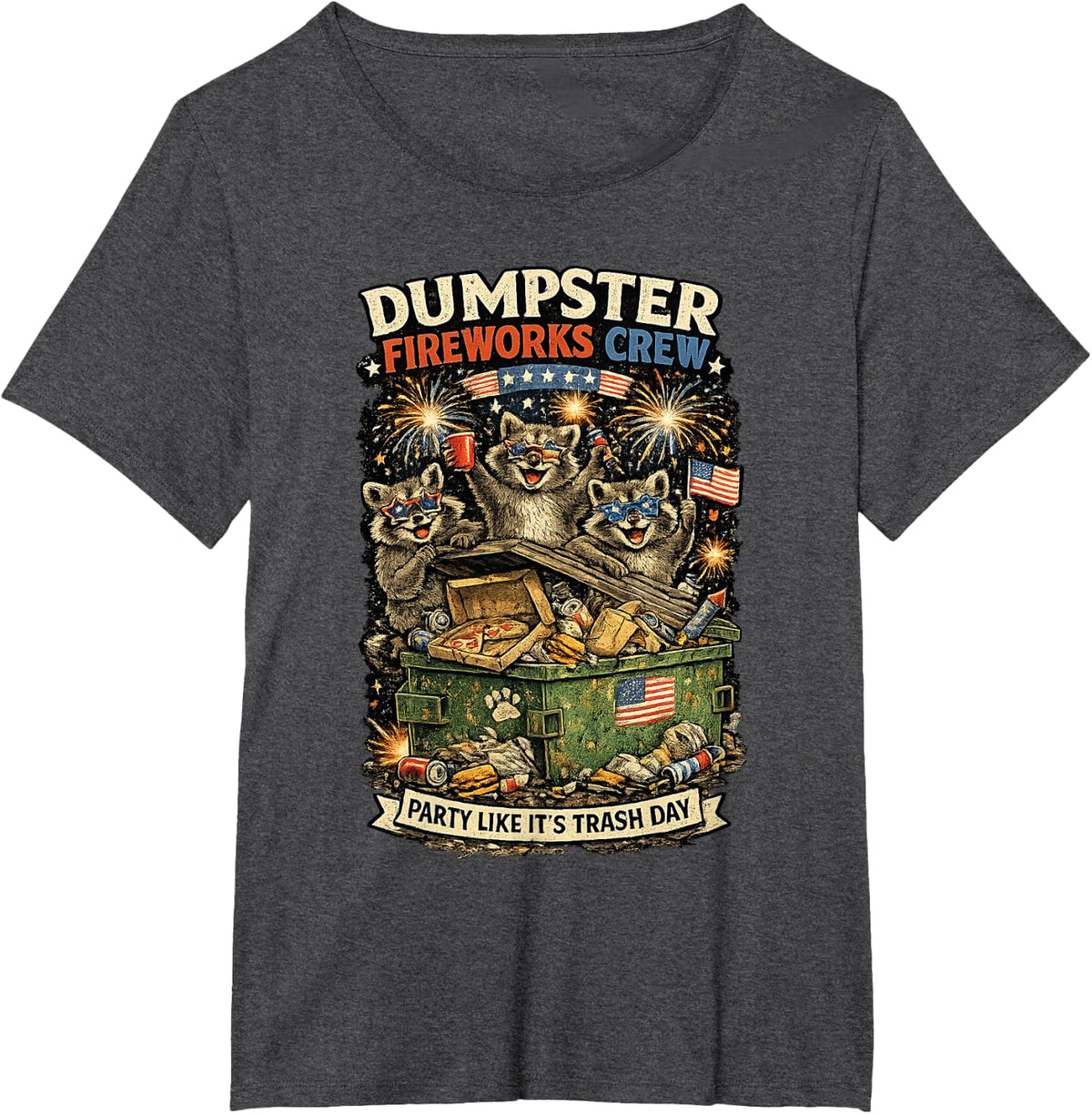 Patriotic Raccoon Dumpster Fireworks Crew July 4th T-Shirt - Dark Heather Grey