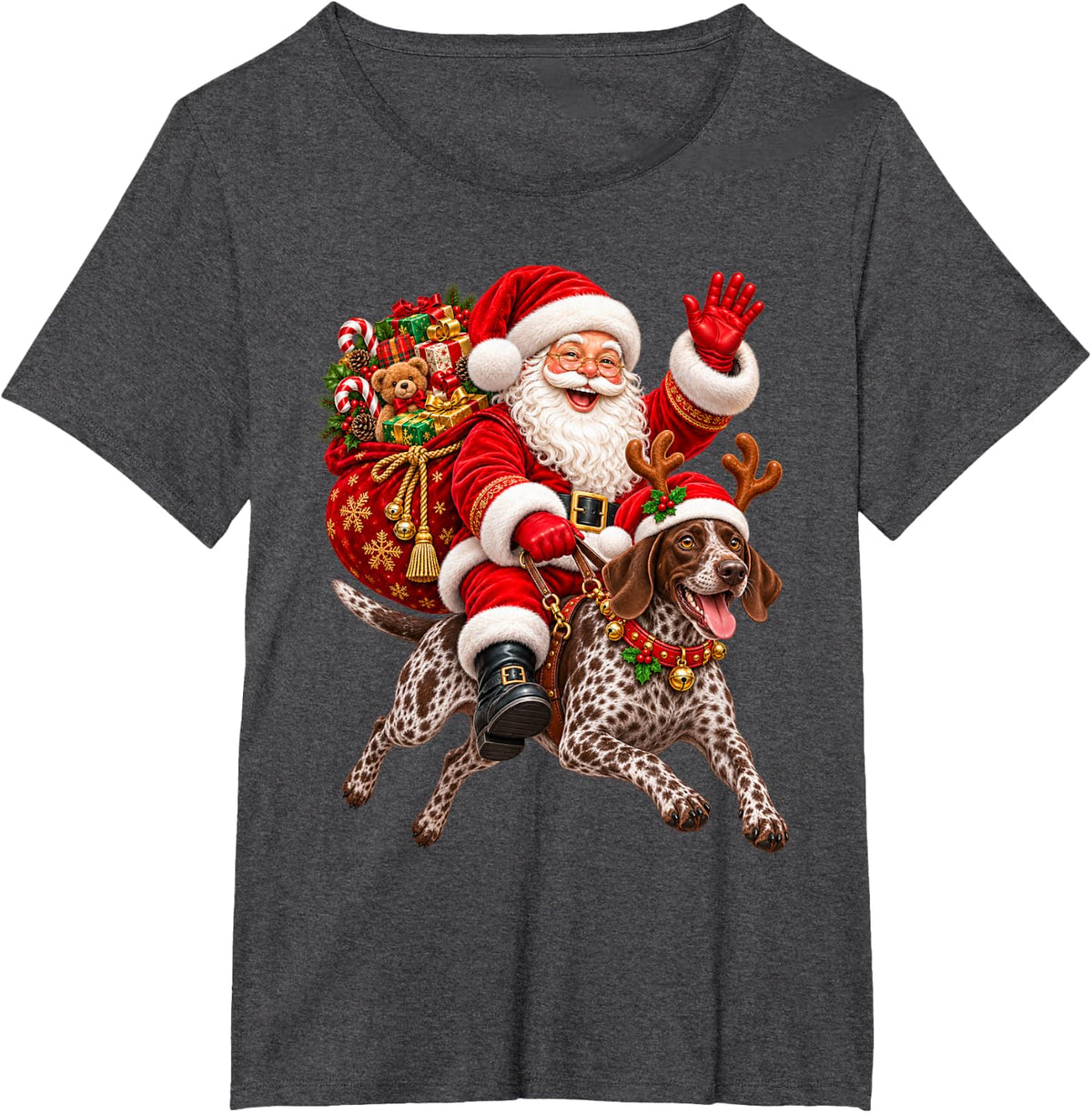 German Shorthaired Pointer Xmas Hat Santa Riding Pet Dog T-Shirt - Dark Heather Grey