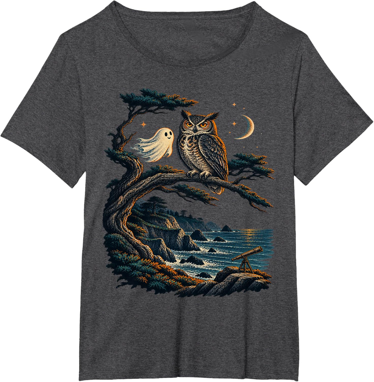 Halloween Coastal Owl and Ghost T-Shirt - Dark Heather Grey