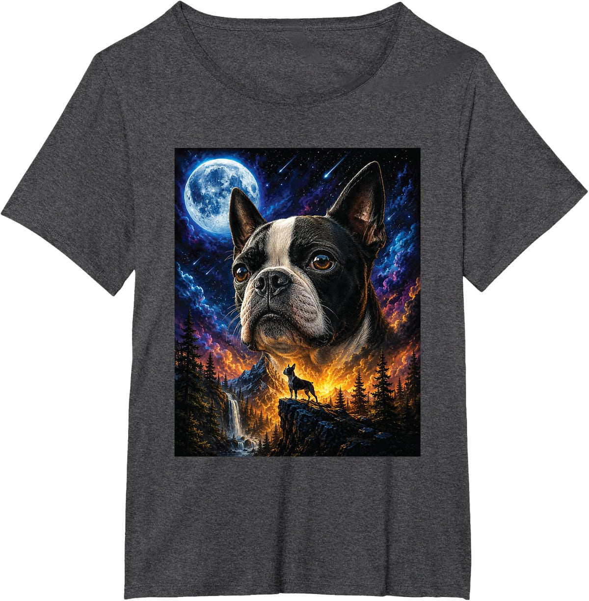 Boston Terrier Howling At The Moon - Boston Terrier Lover T-Shirt - Dark Heather Grey