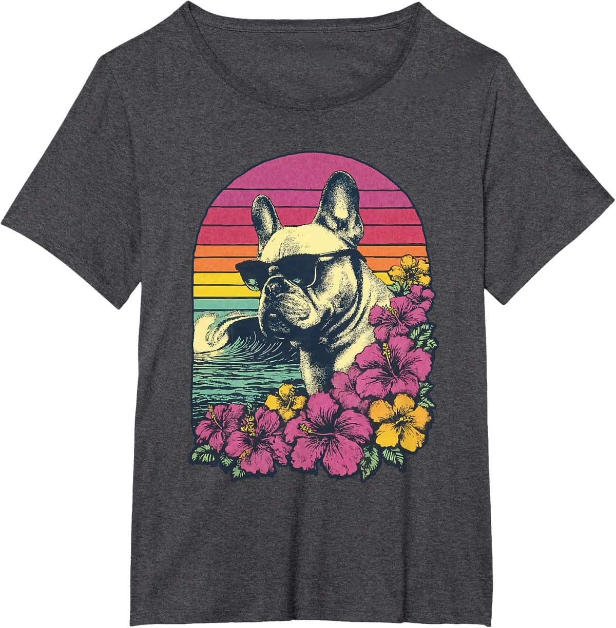 Floral French Bulldog Hibiscus Flowers Summer Frenchie Dog T-Shirt - Dark Heather Grey