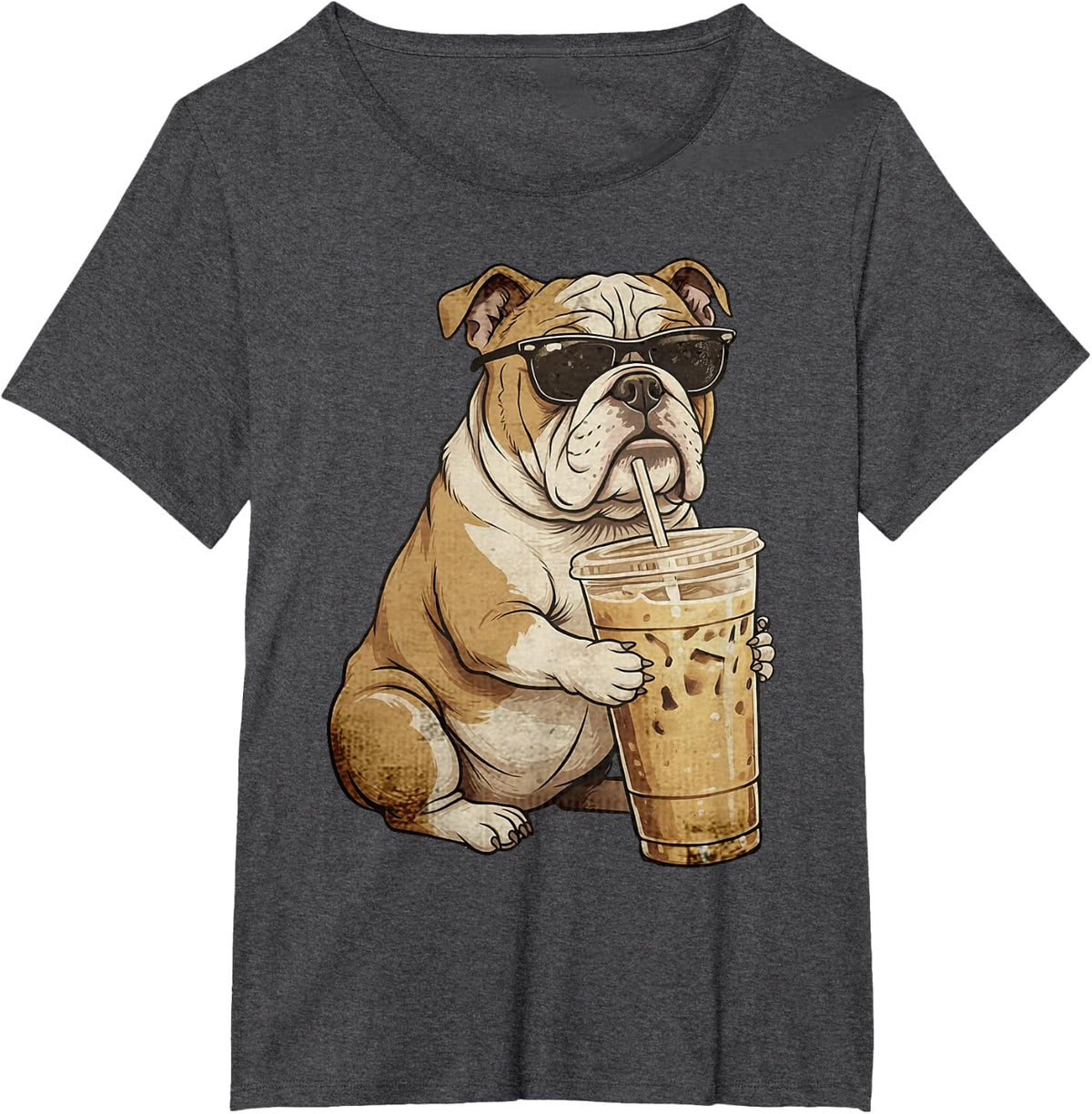 Funny Bulldog Drinking Iced Coffee Retro Dog Meme Sunglasses T-Shirt - Dark Heather Grey